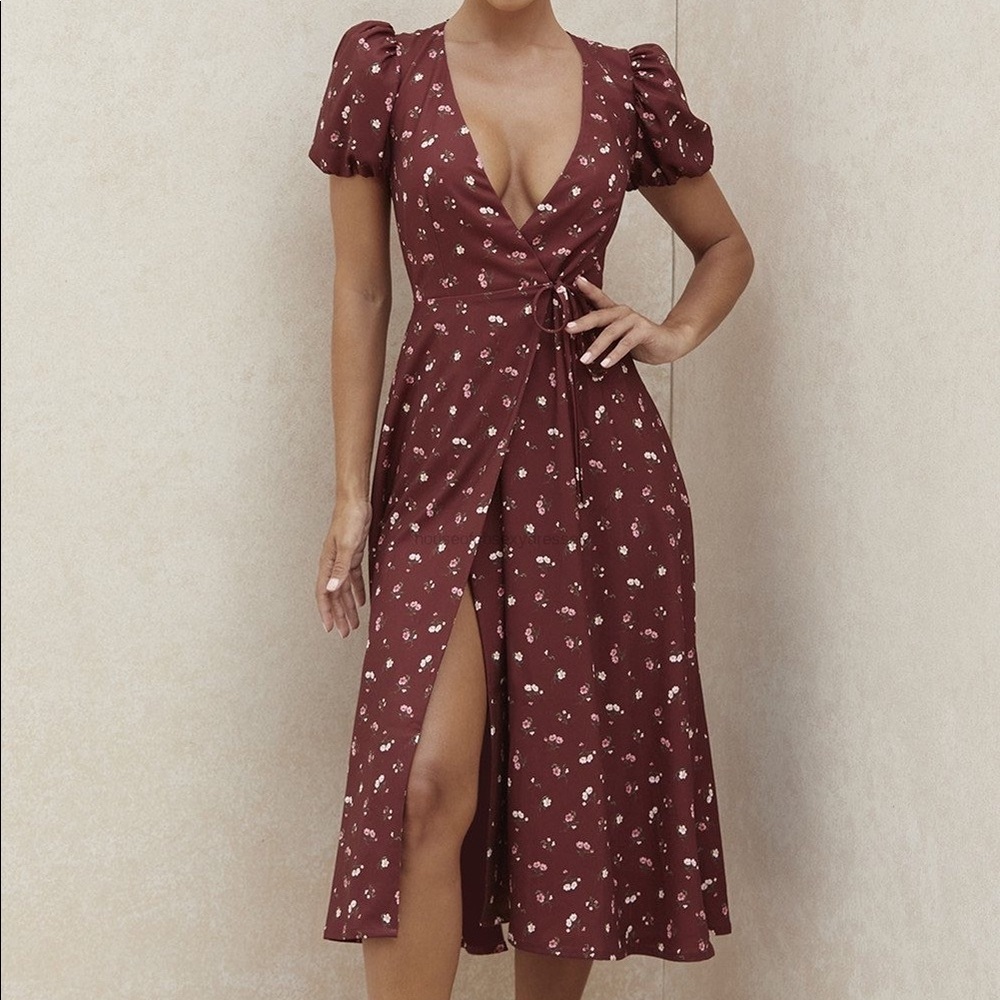 House of CB - "Justina" Wine Floral Wrap Dress